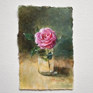 ROSE FLOWER original painting gallery wall art pink rose decor 4 x 6 botanical miniature field flower unframed image 2