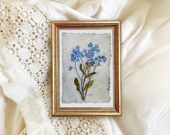 FORGET-ME-NOT original painting blue filed flowers botanical art wildflower unframed