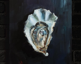 Oyster Oil Painting, Moody Seafood Kitchen Wall Art, 8x10 Dark Still-Life - Unframed