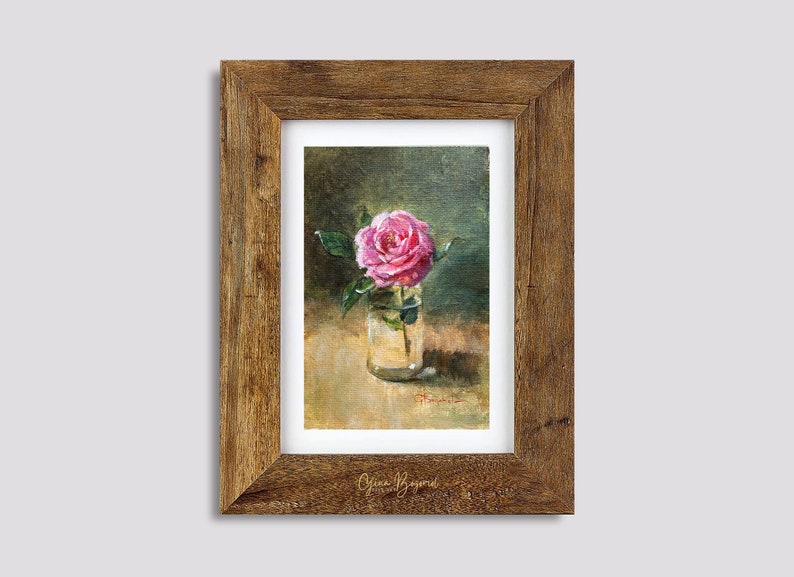 ROSE FLOWER original painting gallery wall art pink rose decor 4 x 6 botanical miniature field flower unframed image 5