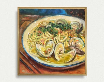 May include: A painting of a bowl of pasta with clams and herbs. The pasta is yellow and the clams are white. The bowl is white with a blue rim. The background is a dark blue.