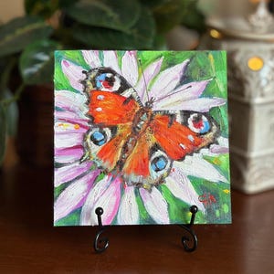 Red butterfly on a flower, original small oil painting, colorful wall art, unframed