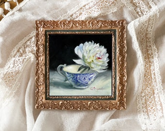 WHITE PEONY in a vintage blue-white cup fine art print realistic botanical oil painting 4 x 4" floral miniature FRAMED