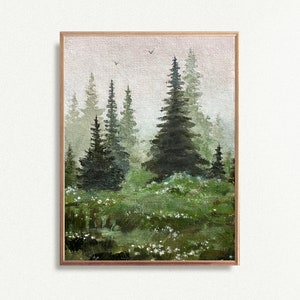 Forest art print Foggy pine woods painting Moody landscape scene - Unframed