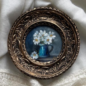 Vintage style framed Bouquet of flowers Original oil painting Floral wall art Miniature round decor Authentic small artwork Unique gift