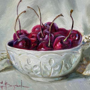 Cherries in White Bowl, Kitchen Still-Life, Original Oil Painting, Colorful Food Art 6x6 - Unframed