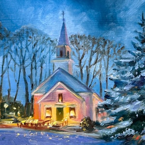 Church oil painting - Small original art holiday decor - Christmas gift - Rustic winter landscape - Snowy countryside scene - Unframed