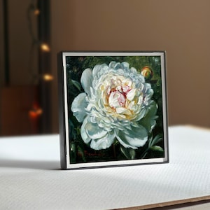 WHITE PEONY painting giclée print 4x4 miniature botanical fine art print FRAMED image 2