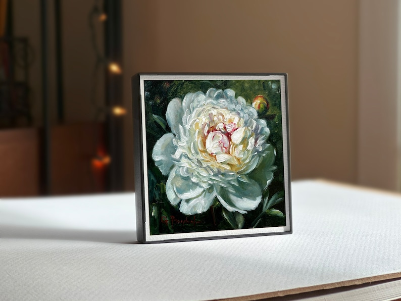 WHITE PEONY painting giclée print 4x4 miniature botanical fine art print FRAMED image 2