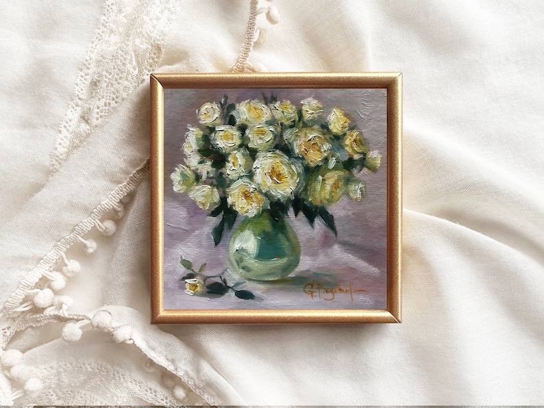 ROSES original painting miniature floral art bouquet of roses in vase gallery wall art small botanical painting unframed image 1