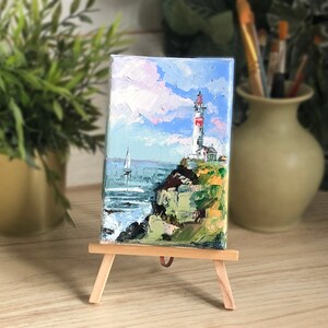 LIGHTHOUSE painting seascape miniature sailboat art unframed Bild 5