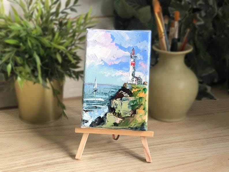 LIGHTHOUSE painting seascape miniature sailboat art unframed Bild 5