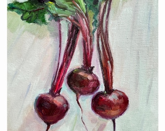 Beet Oil Painting, Rustic Farmhouse Kitchen Wall Art, Vegetable Still Life - Unframed