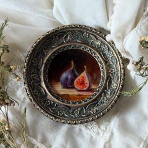 Tiny still life - Figs - original oil painting in vintage-style gold frame, small food art, miniature wall decor, authentic unique gift