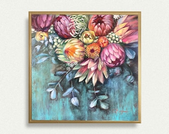 Native Australian Flowers - Protea Banksia Art Print, Colorful AU Bouquet
