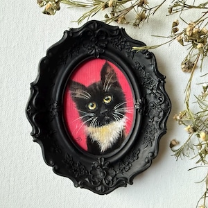 Black cat miniature framed original painting – Unique cat lover gift - Funny feline wall art