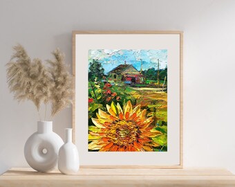 SUNFLOWER LANDSCAPE fine art print field hut wall art farmhouse poster housewarming