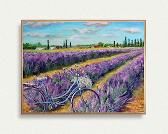 LAVENDER FIELD art print bike flowers wall art France poster French landscape painting