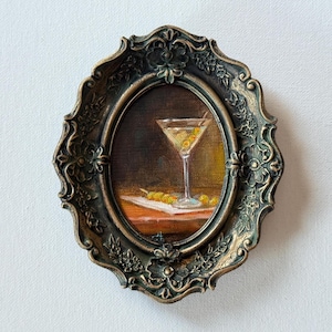 Martini - olives painting - Petit still life Classic drink art in Vintage style gold frame Retro cocktail vibes Moody bar decor Unique gift