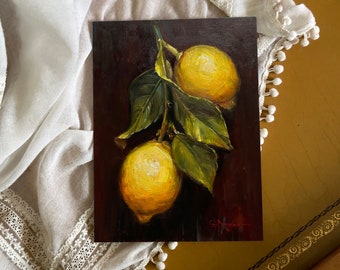 LEMON BRANCH original oil painting for kitchen decor still life fruit art vibrant lemon artwork citrus home gift unframed