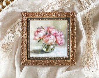 Miniature BOUQUET of PINK PEONIES in a vase fine art print peony art small floral decor 4x4 in. botanical mini artwork bestseller framed