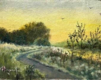 Miniature Sunset Landscape Painting, Countryside Nature Art, Small 4x6 Home Decor - Unframed