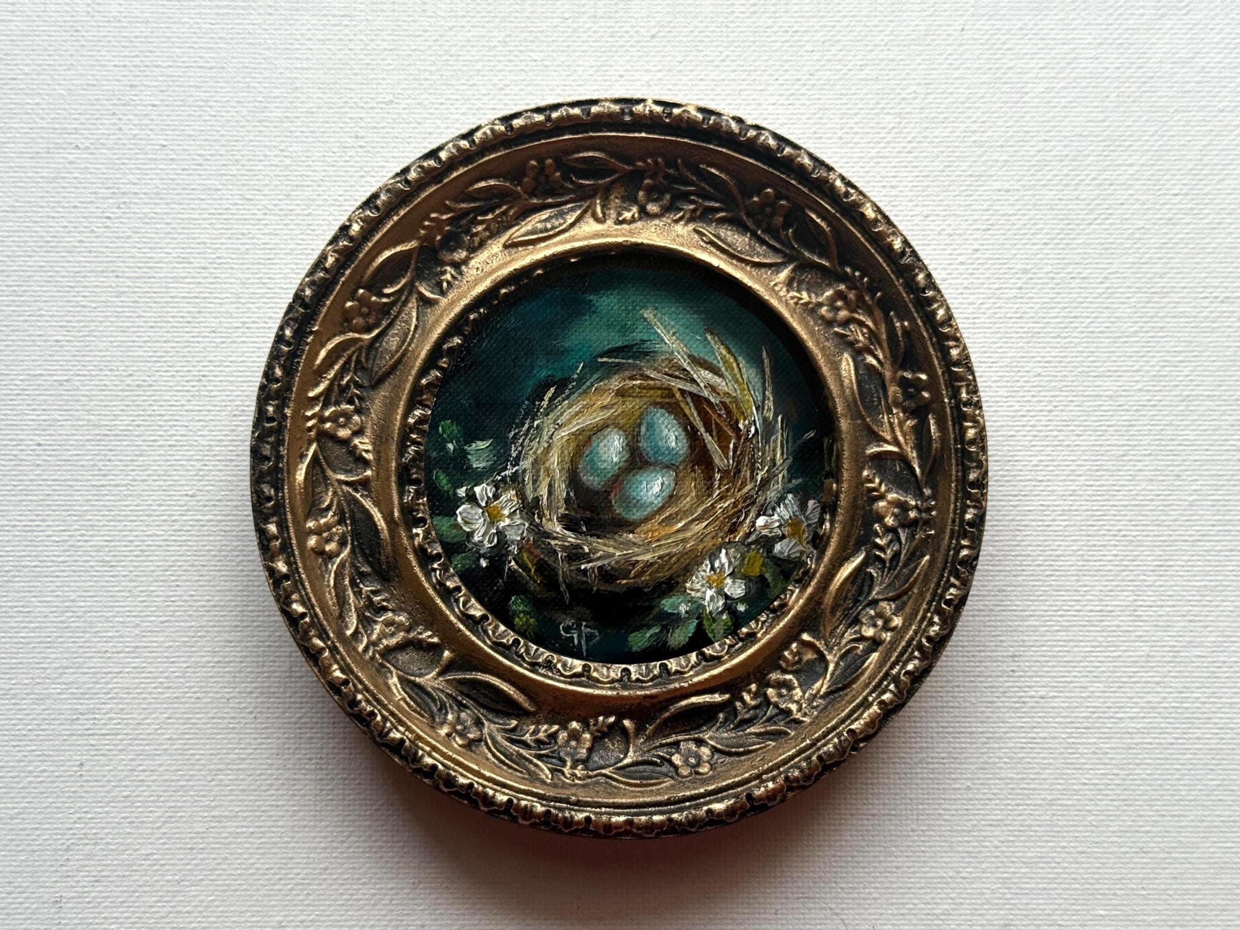 Miniature Bird Nest Oil Painting - Framed Antique-style Wall Art