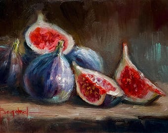 May include: Oil painting of figs, some whole and some sliced, with deep purple skin and vibrant red flesh. The artwork has a warm, earthy color palette with dark brown and green accents, creating a still life composition.