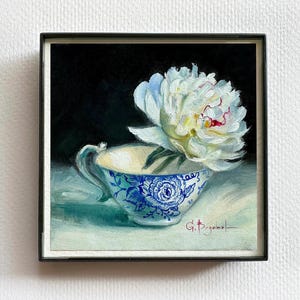 White Peony in a vintage blue-white cup Fine art print Realistic botanical oil painting print 4x4 Floral miniature Best gift Framed wall art
