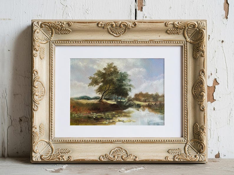 Landscape oil painting print - summer countryside view in old classic frame