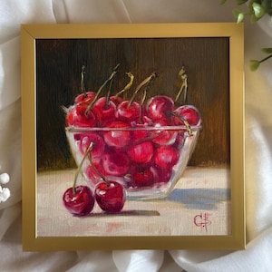 Cherry bowl original oil painting 6x6 Berry still-life Kitchen wall art Food art Colorful home decor Fruit picture Great gift idea Unframed