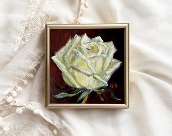 ROSE STUDY original oil painting white rose flower miniature 4x4 in. wall art black white floral decor mother's day gift housewarming