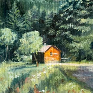 Mountain landscape original oil painting by gina Bogomol pine forest cabin tree wall art on a 6x8 panel unframed