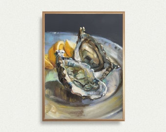 May include: A painting of two oysters on a white plate with a lemon wedge. The oysters are open and the inside is visible. The painting is done in a realistic style with a focus on the texture of the oysters and the lemon.