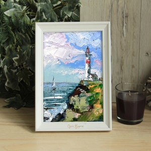 LIGHTHOUSE painting seascape miniature sailboat art unframed Bild 2