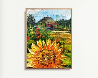 Sunflower Field Art Print, Summer Cottage Landscape Painting, Rural Wall Decor - Unframed