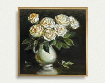 ROSES original painting bouquet of white flowers in vase floral still life gallery wall art 6” x 6” miniature rose painting UNFRAMED