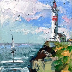 LIGHTHOUSE painting seascape miniature sailboat art unframed Bild 9