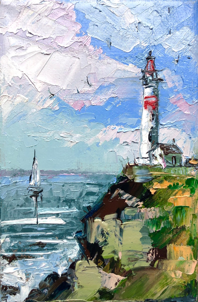 LIGHTHOUSE painting seascape miniature sailboat art unframed Bild 9