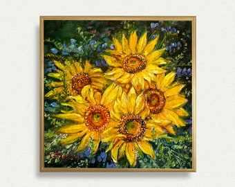 SUNFLOWER BOUQUET oil painting art print yellow green wall art floral decor colorful flower poster unframed