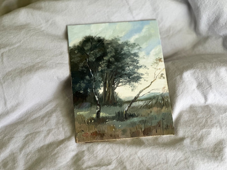 FRENCH LANDSCAPE original painting 6 x 8 vintage look wall art farmhouse decor tree painting image 4