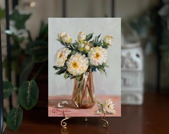 White Peony Oil Painting - Original Floral Still Life, Small 6x8 Wall Art
