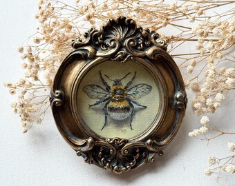 Miniature Bumblebee Painting - Small Collectible Art, Tiny Framed Insect Decor for Cozy Nook