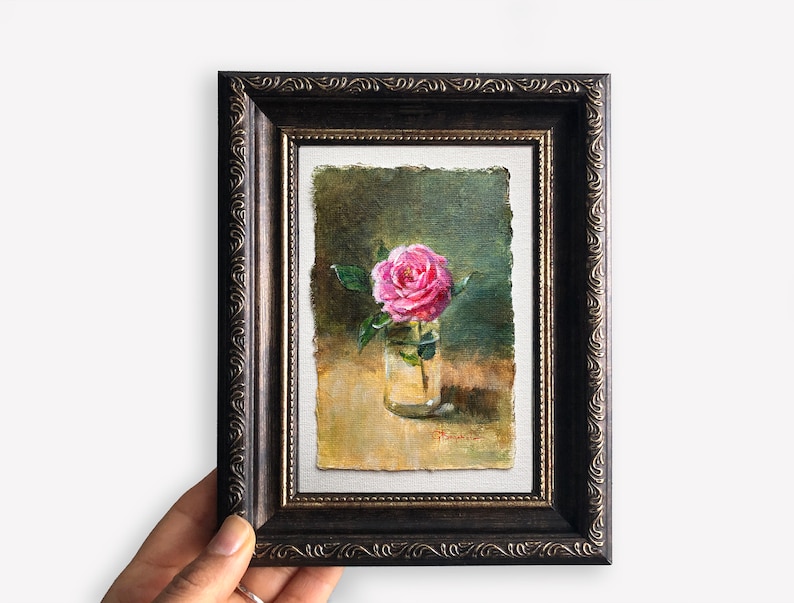 ROSE FLOWER original painting gallery wall art pink rose decor 4 x 6 botanical miniature field flower unframed image 6