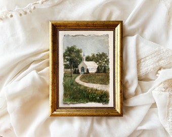 COUNTRY CHURCH painting rural landscape original art nature scene 4 x 6 miniature gallery wall art unframed