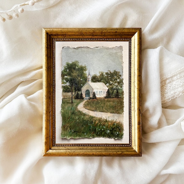 COUNTRY CHURCH painting rural landscape original art nature scene 4 x 6 miniature gallery wall art unframed