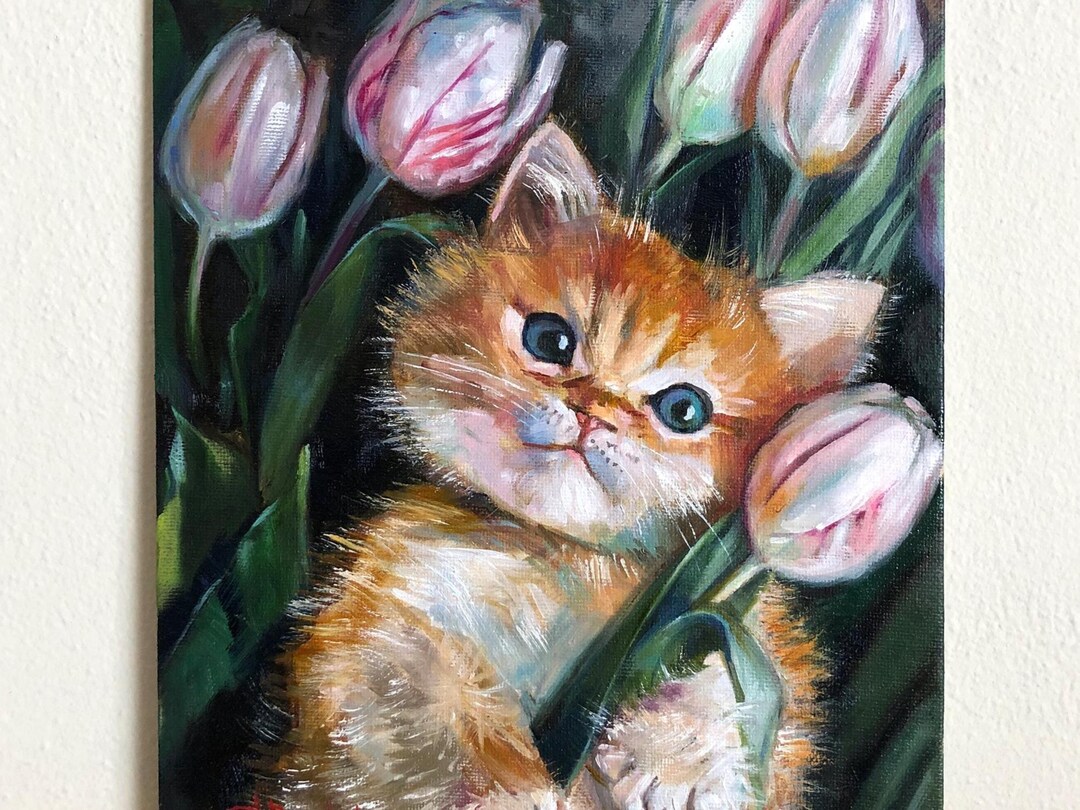 Original Painting Ginger Kitten With Tulips, Floral Pet Portrait, Cat ...