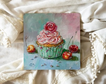 Cherries Cupcake Art Print - Colorful Kitchen Wall Decor - Unframed