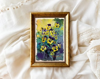PANSIES painting yellow purple blue VIOLA flowers gallery wall art floral home decor 4 x 6 botanical miniature unframed