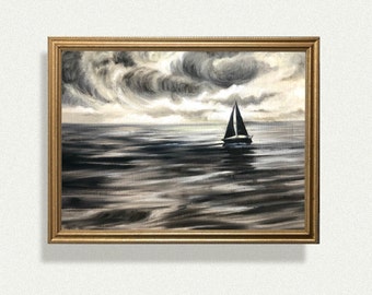 SEA painting original art black and white seascape ocean sailboat artwork monochromatic minimalist wall decor unframed